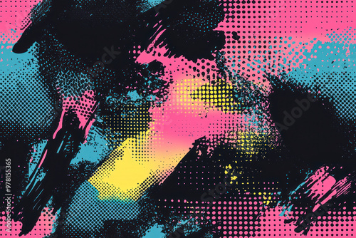Glitch distorted grungy abstract forms . Cyber punk seamless pattern texture. Halftone dots.