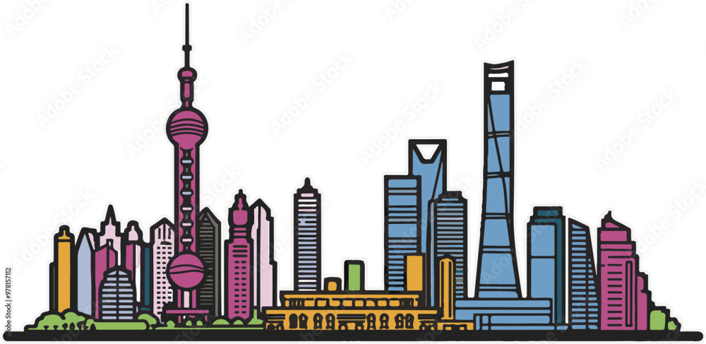 Obraz premium Colorful Vector Illustration of Shanghai Skyline