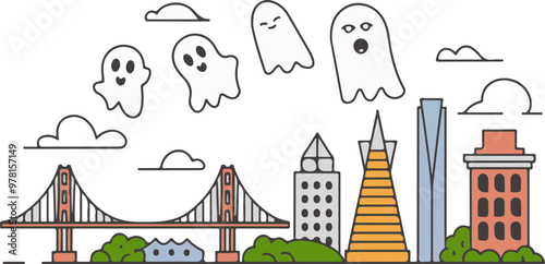 Ghostly Skyline with Iconic Bridge and Buildings