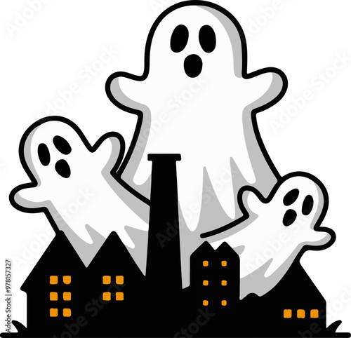 Vector Illustration of Ghosts Haunting a Spooky House