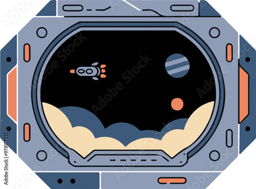 Stylized Vector Space Scene with Rocket and Planets