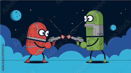 Cartoon Characters in Space Duel with Laser Guns
