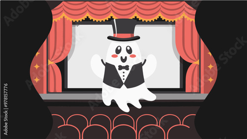 Playful Ghost Performing on Stage with Red Curtains