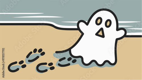 Playful Ghost on the Beach with Footprints