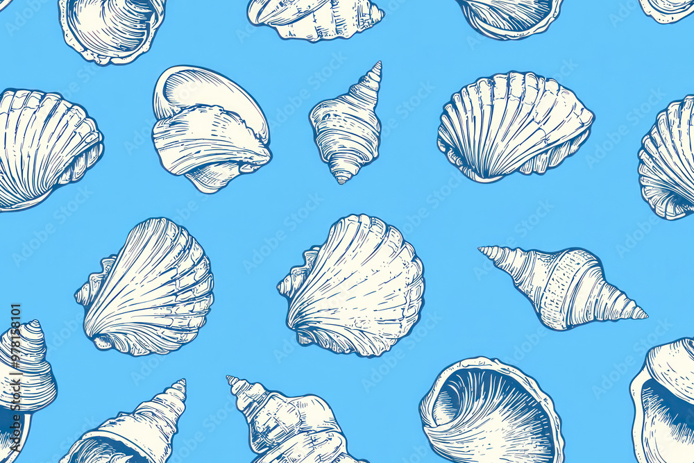 Shells seamless pattern. Hand drawn seashells on blue background. Marine inspired design. Shells seamless pattern. Hand drawn seashells on blue background. Marine inspired design.