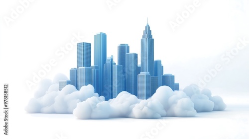 Minimalist blue city skyline surrounded by clouds