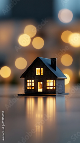 A cozy house model illuminated warmly, set against a blurred bokeh background, evoking feelings of comfort and home.