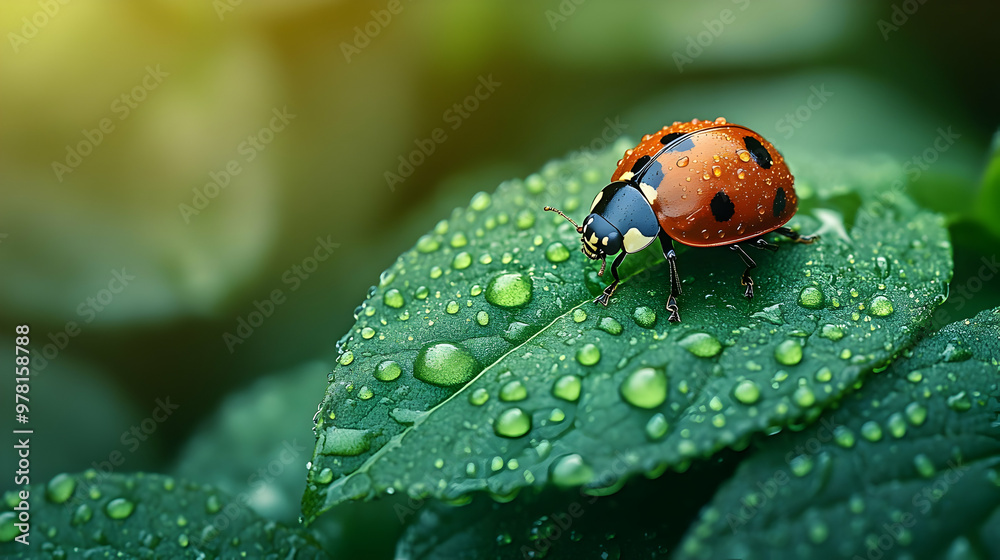 Fototapeta premium Ladybug on Green Leaf with Dew Drops - Realistic Image