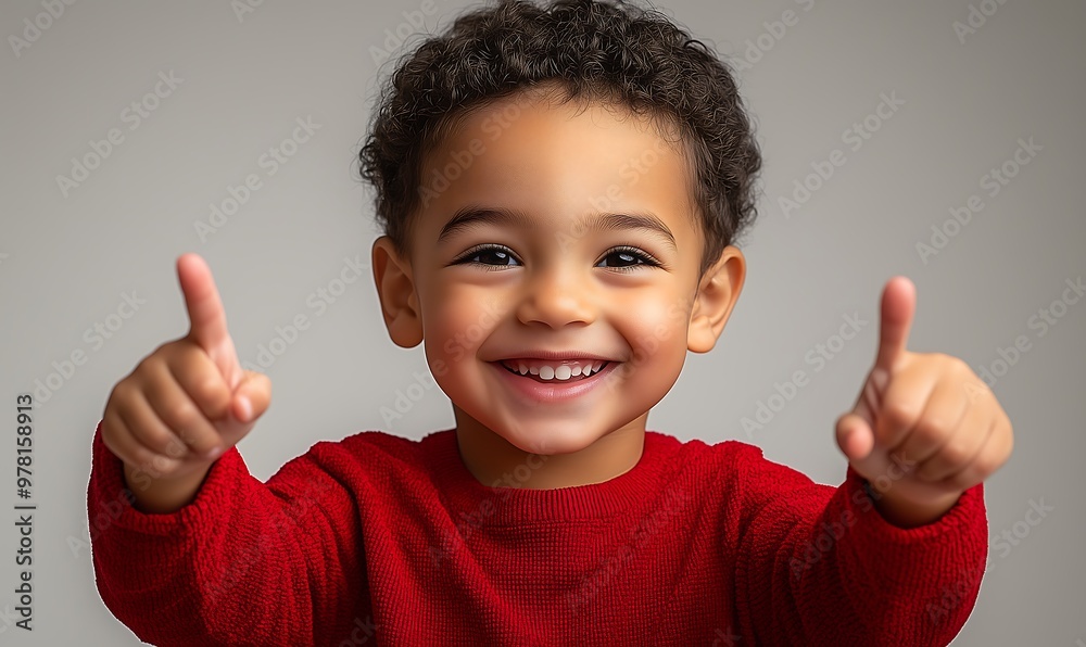 Smiling child pointing with both hands in excitement Smiling child pointing with both hands in excitement