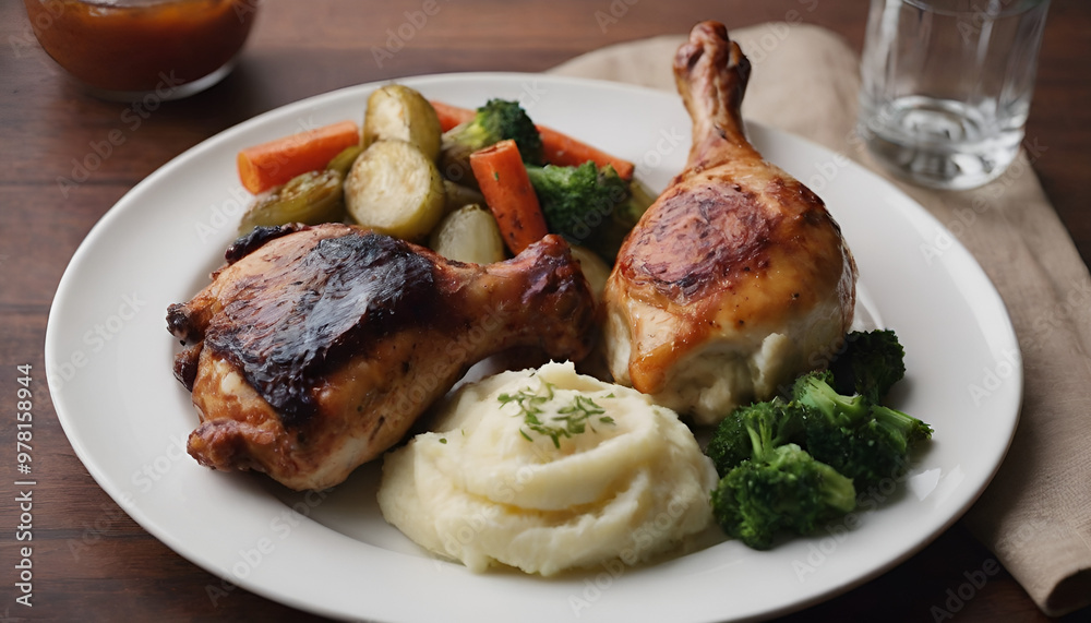 bbq chicken drumsticks with mashed potatoes and vegetables bbq chicken drumsticks with mashed potatoes and vegetables
