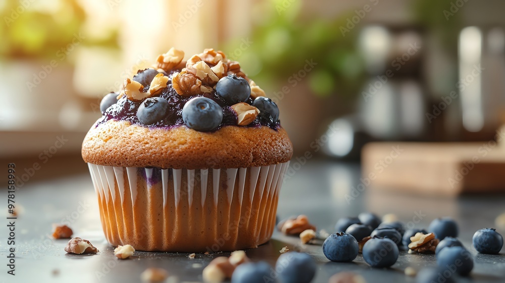 A freshly baked blueberry muffin topped with nuts, perfect for a sweet treat.
