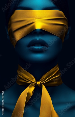 Woman with golden blindfold in dramatic dark lighting photo