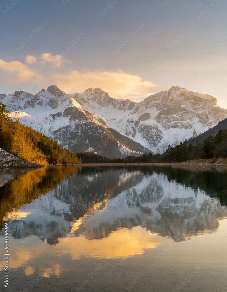Fototapeta premium Snow-capped peaks reflected in a tranquil alpine lake during winter