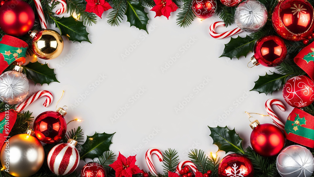 A festive Christmas frame with red and gold ornaments, holly leaves, candy canes, and twinkling lights on a white background.