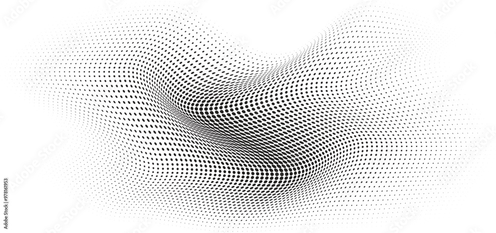 Flowing Wave Dot Halftone Pattern: Curve Gradient Shape on Transparent Background. Suitable for AI, Tech, Network, Digital, Science, and Technology Themes. Flowing Wave Dot Halftone Pattern: Curve Gradient Shape on Transparent Background. Suitable for AI, Tech, Network, Digital, Science, and Technology Themes.