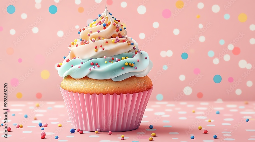 A single cupcake with blue and white frosting and sprinkles on a pink background. A single cupcake with blue and white frosting and sprinkles on a pink background.