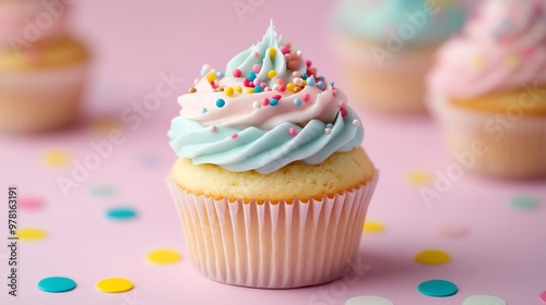 Closeup of a single cupcake with blue and pink frosting and sprinkles on a pink background.