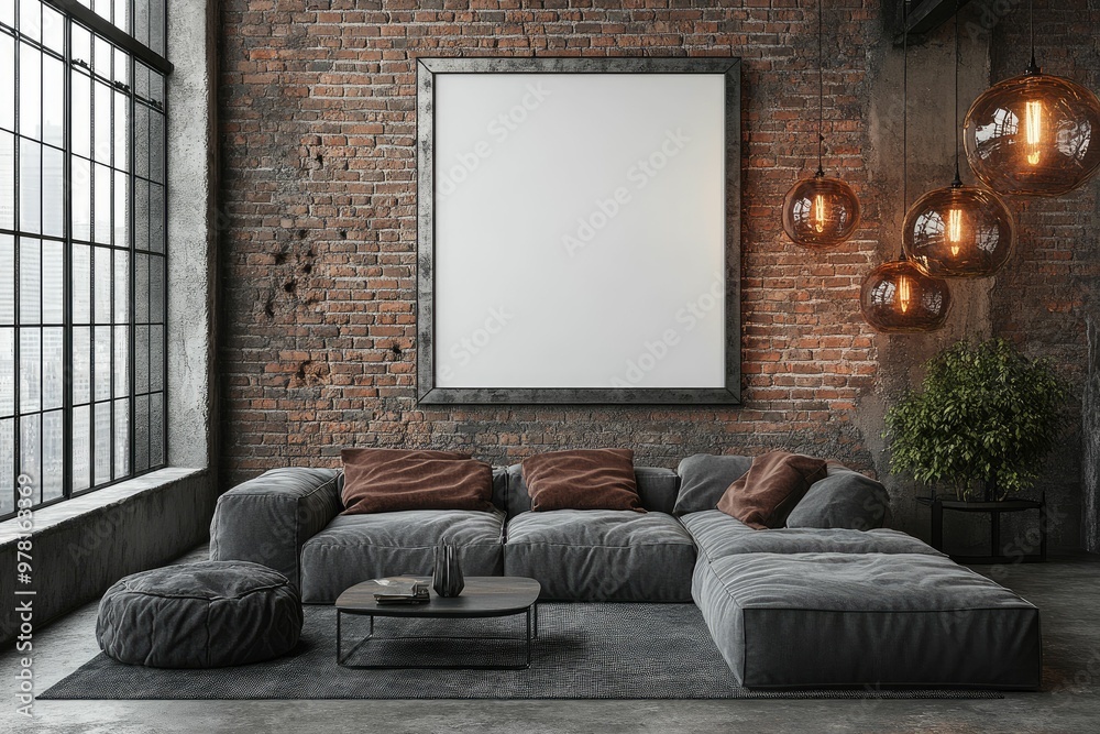 Modern living room with cozy seating and industrial decor.