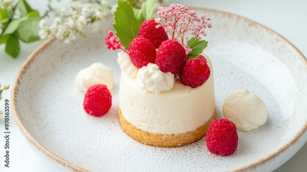 Beautifully Plated Dessert with Intricate Presentation and Enticing Raspberries Beautifully Plated Dessert with Intricate Presentation and Enticing Raspberries