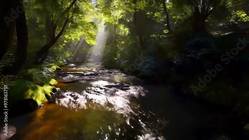 Calm Forest Stream with Sunlight Rays Shining Through Trees - Peaceful Nature Loop Animation for Relaxation or Outdoor-Themed Content