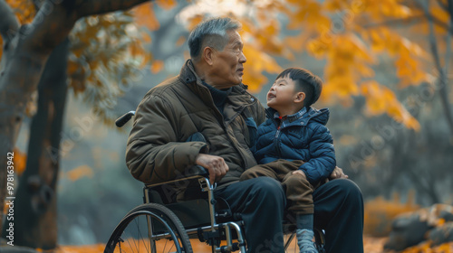 A man in a wheelchair and a child share a relaxed moment together, their smiles reflecting a deep bond and mutual joy.