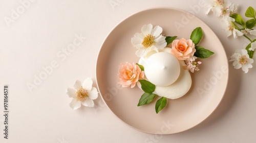 Fototapeta Naklejka Na Ścianę i Meble -  Elegant Dessert Platter with Floral Garnishes and Fresh Fruit