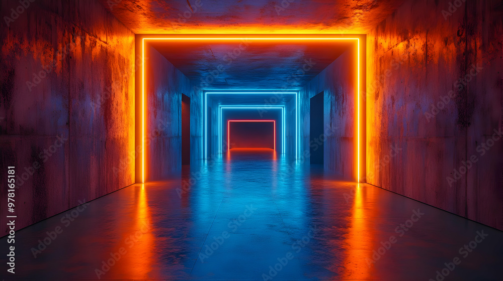 Neon Lights in a Concrete Tunnel 3D Illustration Neon Lights in a Concrete Tunnel 3D Illustration