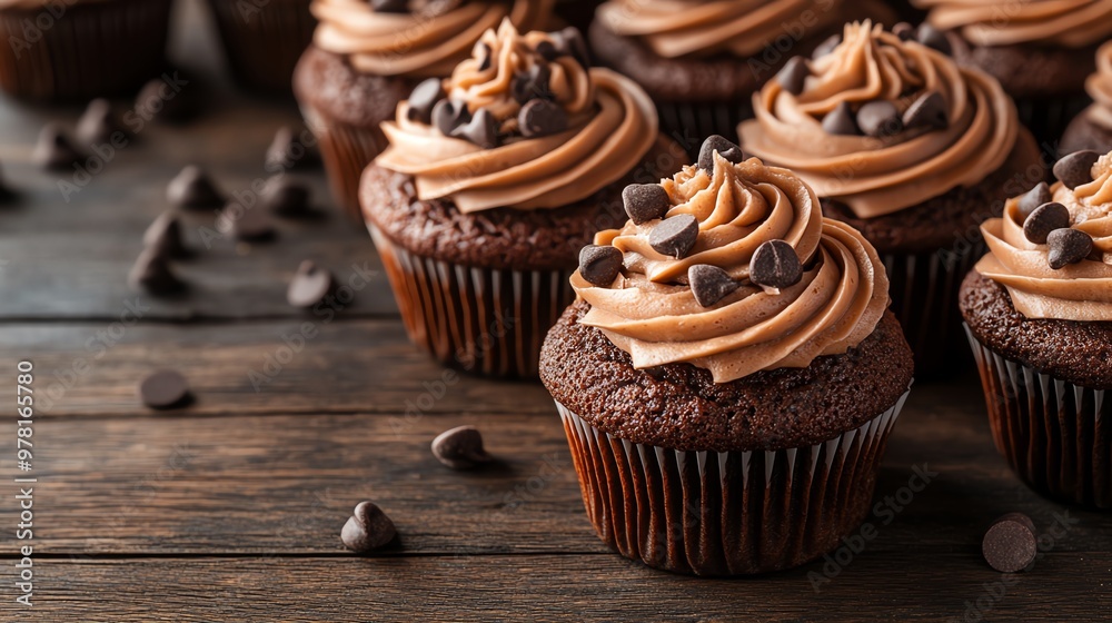 Close-up of chocolate cupcakes with chocolate frosting and chocolate chips on a wooden table. Close-up of chocolate cupcakes with chocolate frosting and chocolate chips on a wooden table.