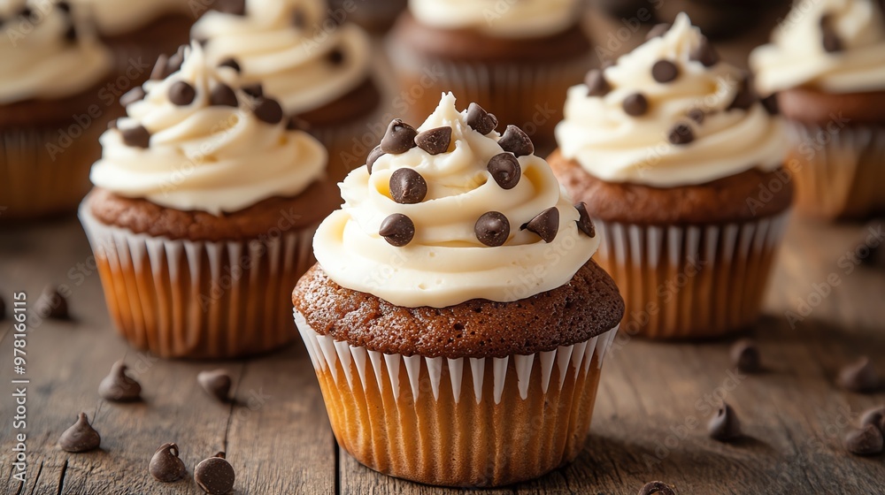 Rows of chocolate chip cupcakes topped with frosting on a rustic wooden table, cozy and inviting feel, great for food marketing Rows of chocolate chip cupcakes topped with frosting on a rustic wooden table, cozy and inviting feel, great for food marketing