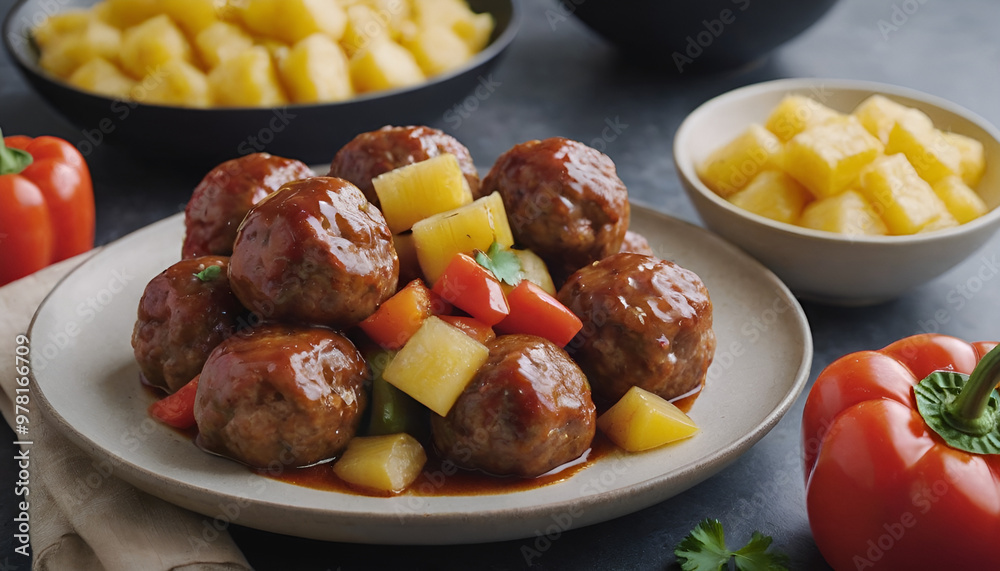 plate of sweet and sour meatballs with sliced bell peppers and diced pineapple plate of sweet and sour meatballs with sliced bell peppers and diced pineapple