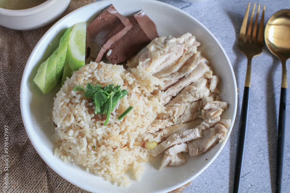 Rice steamed with chicken soup and dipping sauce or Khao Mun Kai in white plate. thai food concept. Rice steamed with chicken soup and dipping sauce or Khao Mun Kai in white plate. thai food concept.
