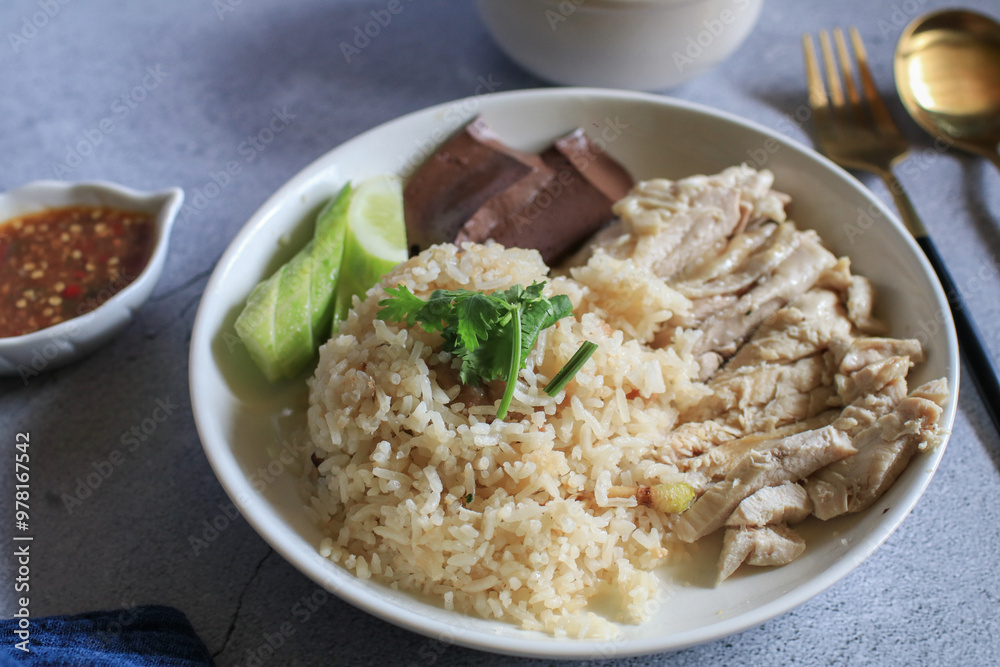 Rice steamed with chicken soup and dipping sauce or Khao Mun Kai in white plate. thai food concept. Rice steamed with chicken soup and dipping sauce or Khao Mun Kai in white plate. thai food concept.