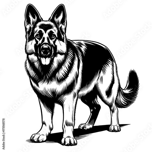 Cute German Shepherd in full-body, hand drawn sketch. Vector isolated on white background	