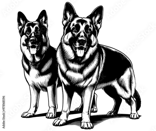 Cute German Shepherd in full-body, hand drawn sketch. Vector isolated on white background	