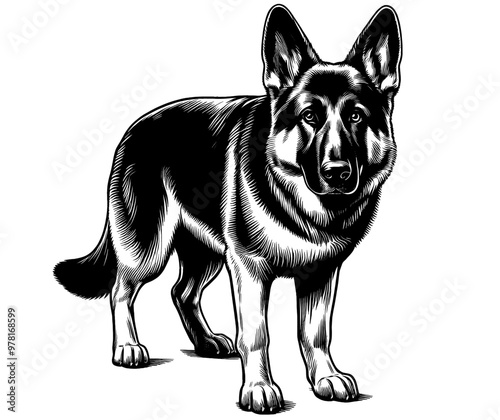 Cute German Shepherd in full-body, hand drawn sketch. Vector isolated on white background	