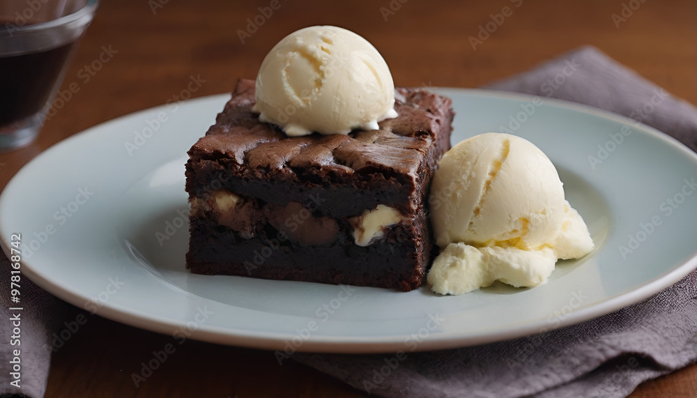 piece of a brownie with vanilla ice cream on top piece of a brownie with vanilla ice cream on top