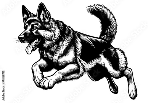 full-body Cute German Shepherd running, hand drawn sketch. Vector isolated on white background	