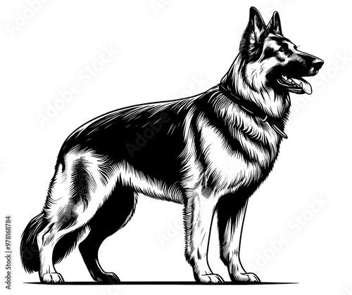 Cute German Shepherd in full-body, hand drawn sketch. Vector isolated on white background	