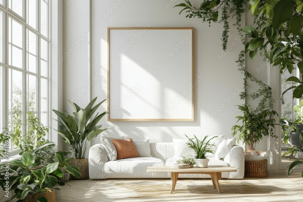 Bright, minimalist living room with plants and blank canvas. Bright, minimalist living room with plants and blank canvas.