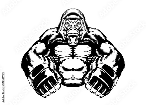 vector of Roaring Gorilla with MMA Glove Black and White Illustration