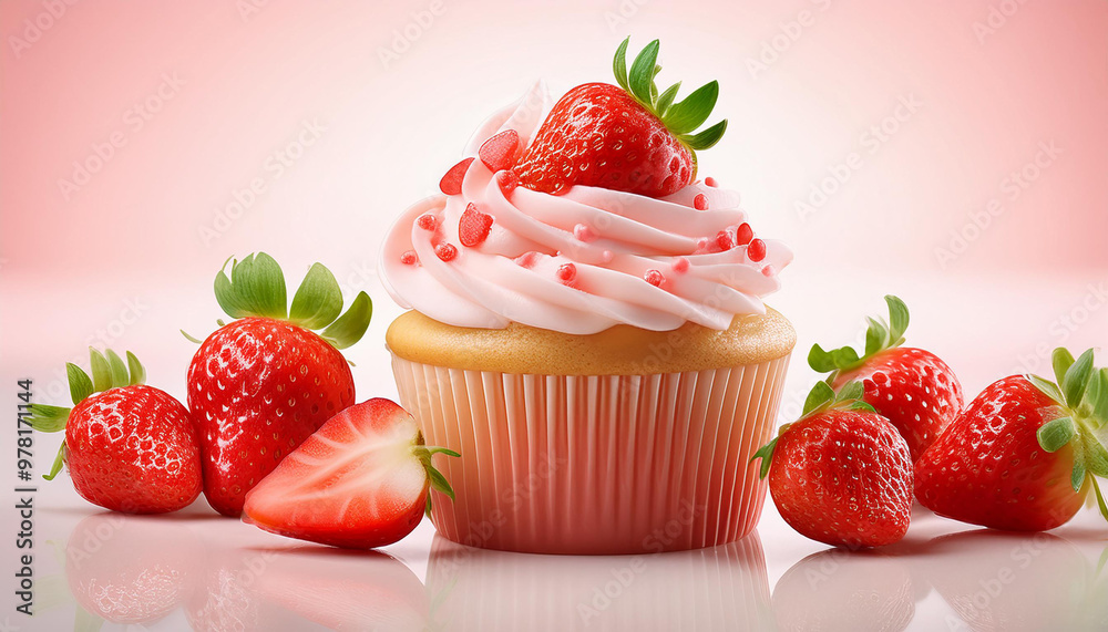 Strawberry cupcake and whipped cream with ingredients Strawberry cupcake and whipped cream with ingredients