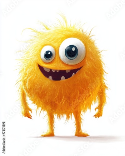 Adorable monster humorous cartoon figure vibrant hand drawn style Joyful yellow fluffy creature with one eye appearing playful set against a clean white backdrop 2D cartoon artwork