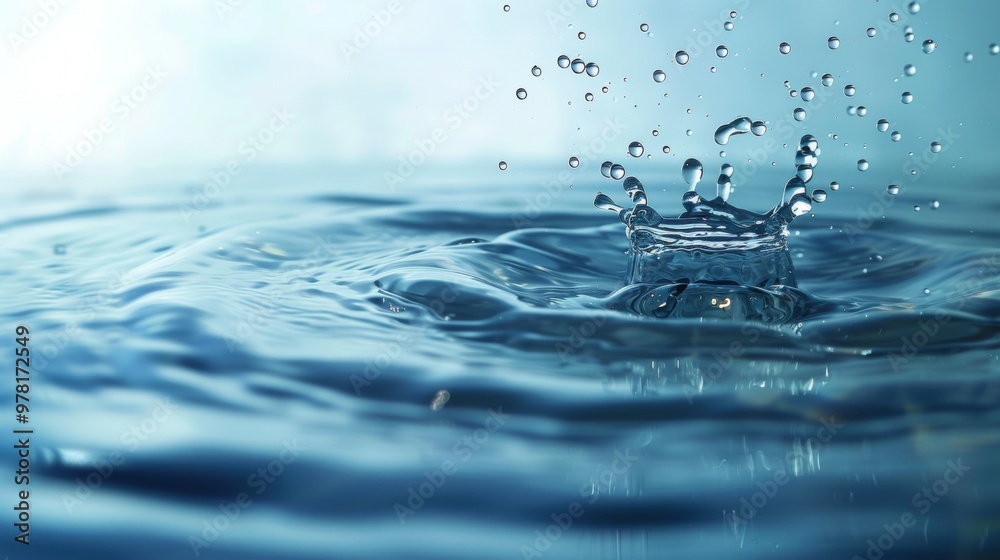 Water droplet splash in calm blue water surface Water droplet splash in calm blue water surface
