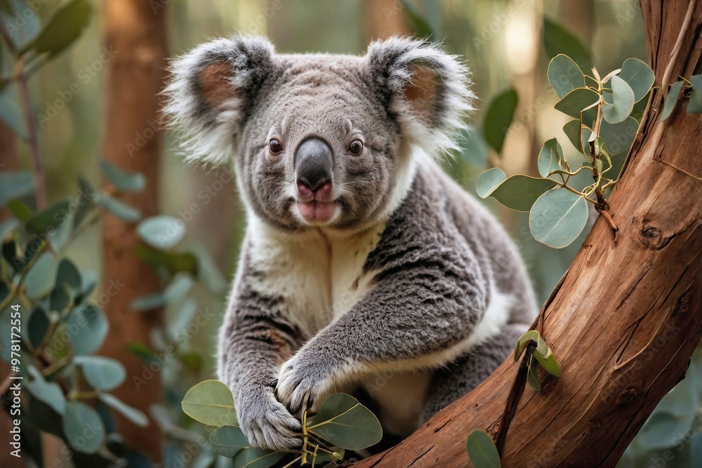 Fototapeta premium Koala Climbing a Eucalyptus Tree in a Sunlit Forest: A cozy koala climbing or perched on a eucalyptus tree in a sun-dappled forest.