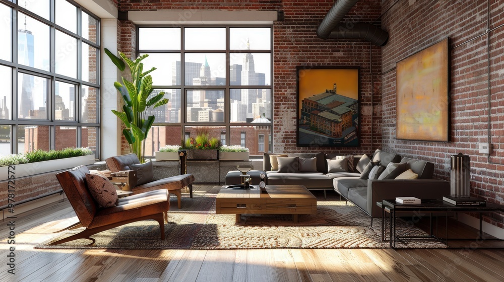 Chic urban apartment with exposed brick walls, modern furniture, and large windows showcasing stunning city views. Chic urban apartment with exposed brick walls, modern furniture, and large windows showcasing stunning city views.