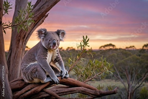 Koala at Twilight with a Backdrop of Australian Bushland: A koala emerging from its tree at twilight, with the deepening colors of the Australian bushland in the background.