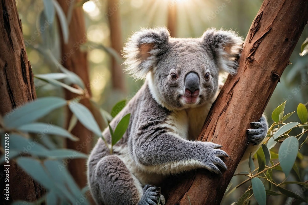 Fototapeta premium Koala Climbing a Eucalyptus Tree in a Sunlit Forest: A cozy koala climbing or perched on a eucalyptus tree in a sun-dappled forest.