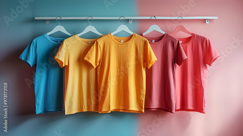 Four Colorful T-Shirts Hanging on a White Rod - Photography