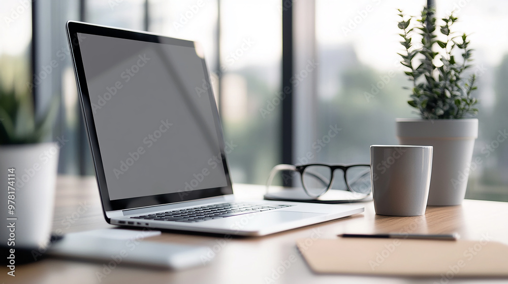Modern workspace featuring a laptop, glasses, and potted plant, creating a serene and productive environment. Modern workspace featuring a laptop, glasses, and potted plant, creating a serene and productive environment.