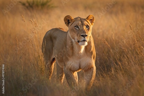 Lioness Stalking Through Tall Grass at Dawn: A sleek lioness moves silently through tall, golden grasses in the early morning light.